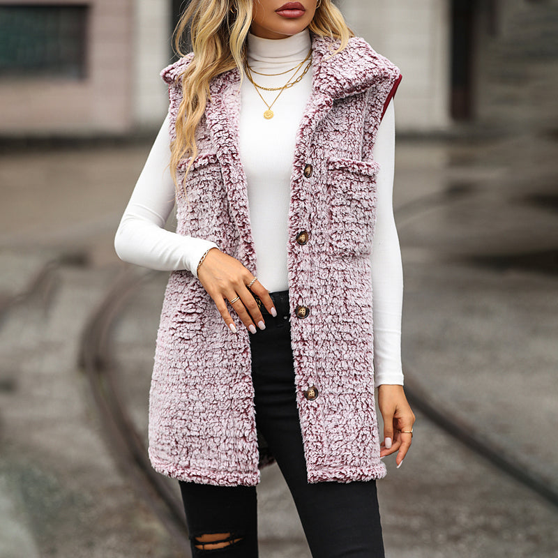Street Wave Plush Sherpa Vest Cardigan For Women With Button Front Pockets Cozy Warmth
