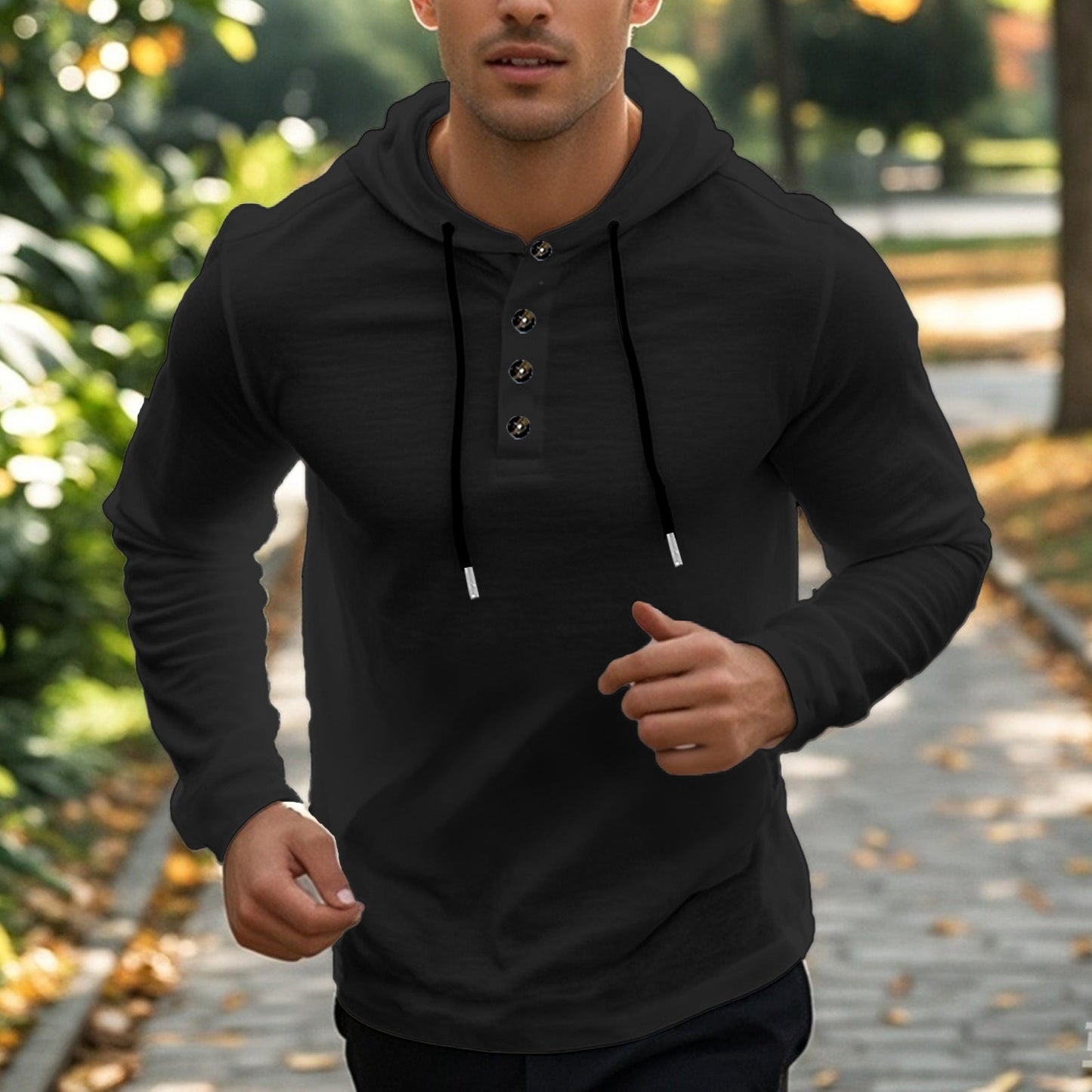 Street Wave Mens Button Placket Hoodie With Functional Pockets For Active Wear All Day Comfort