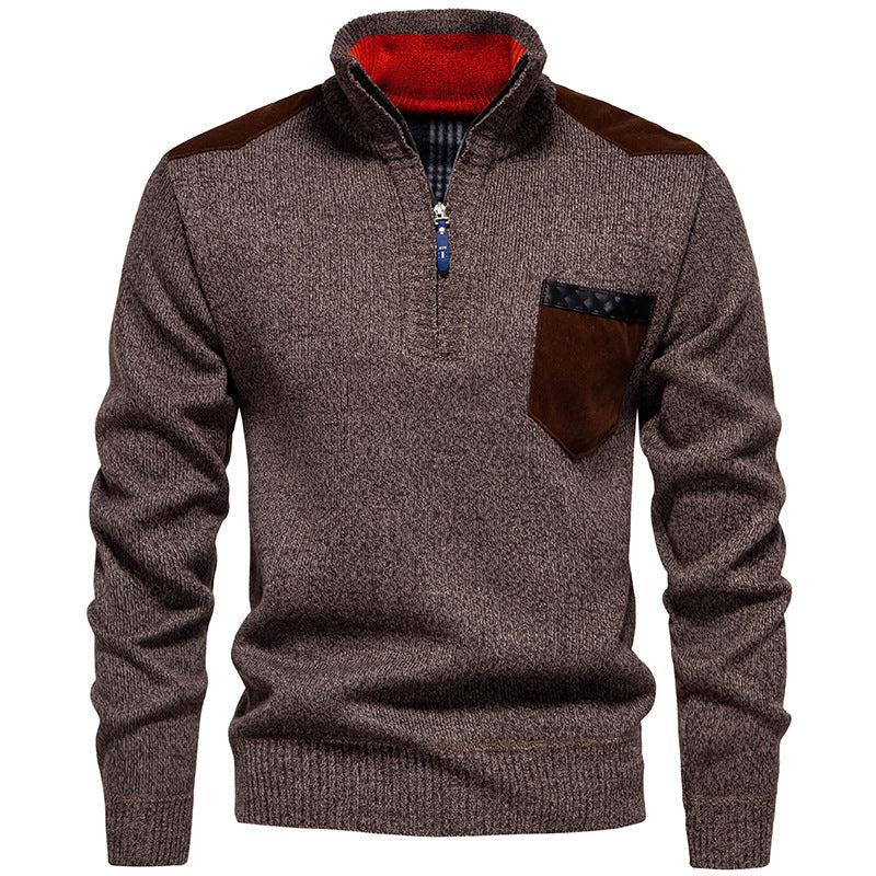 Street-Wave Men's Stand Collar Sweater With Contrast Details And Chest Pocket - Premium Warmth And Style