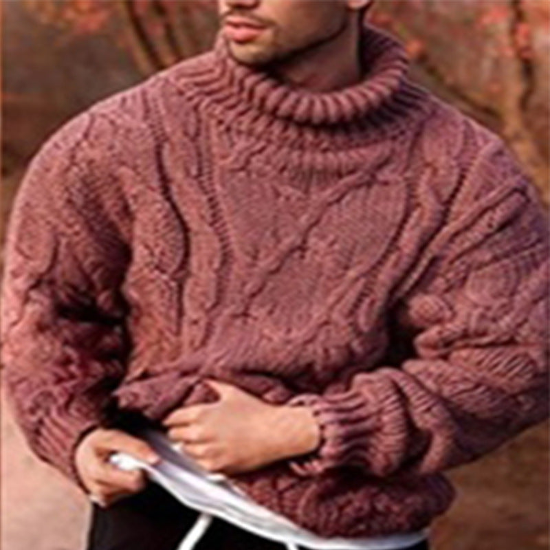 Street Wave Mens Cable Knit Sweater With High Collar And Textured Pattern For Warmth