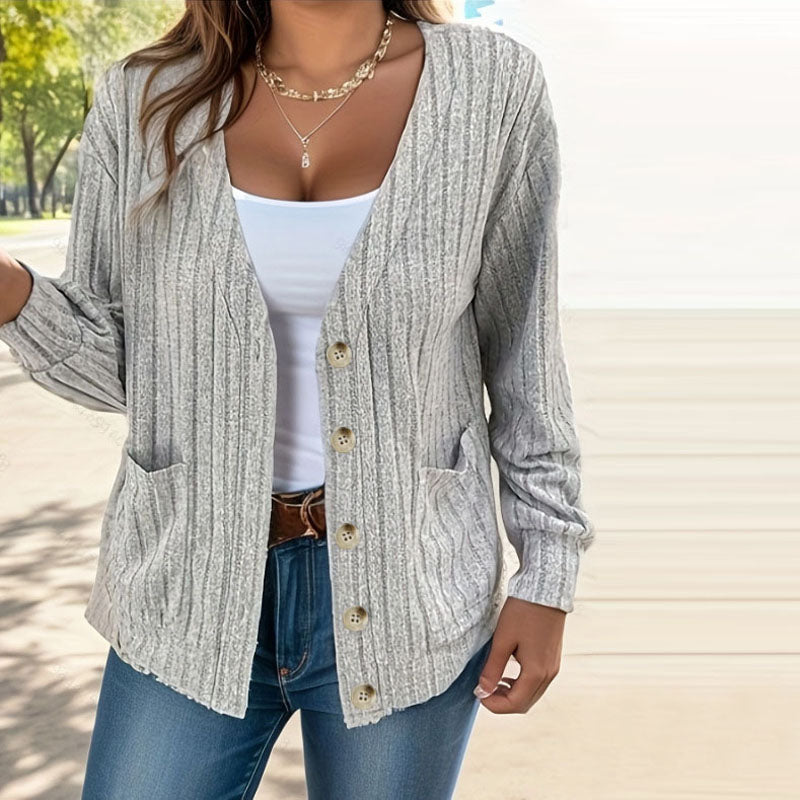 Street-Wave Striped Cardigan for Women Cozy Cotton Blend with Pockets Button Front V Neck