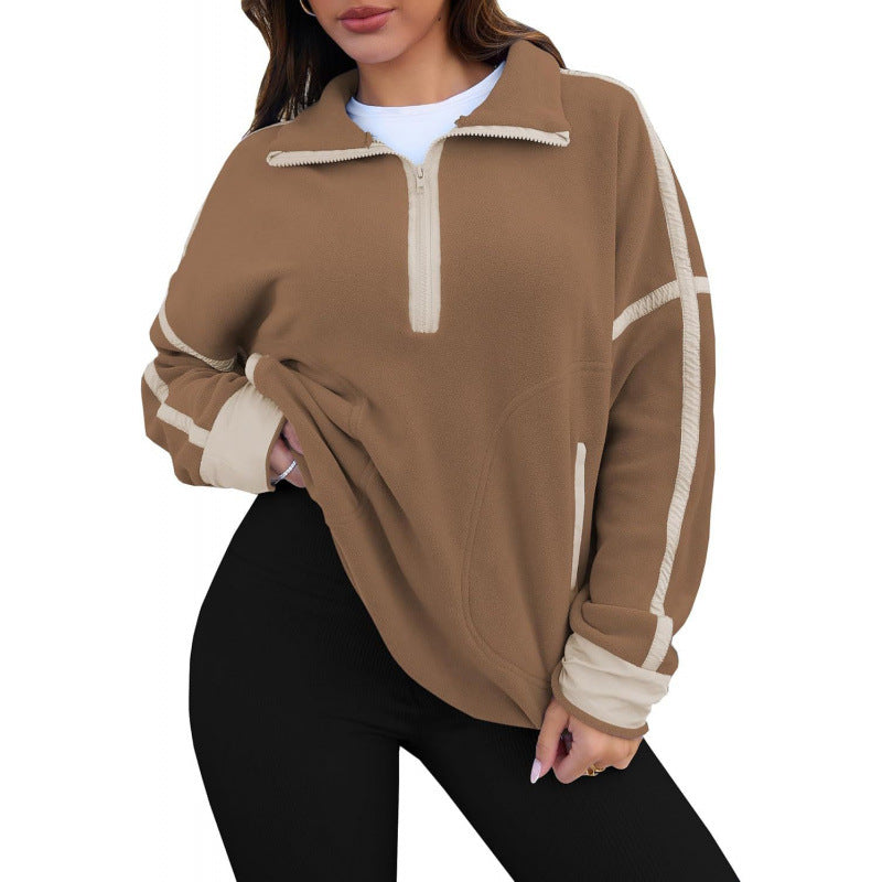 Street-wave Womens Fleece Pullover Half Zip With Contrast Sleeves For Cozy Warmth And Everyday Comfort