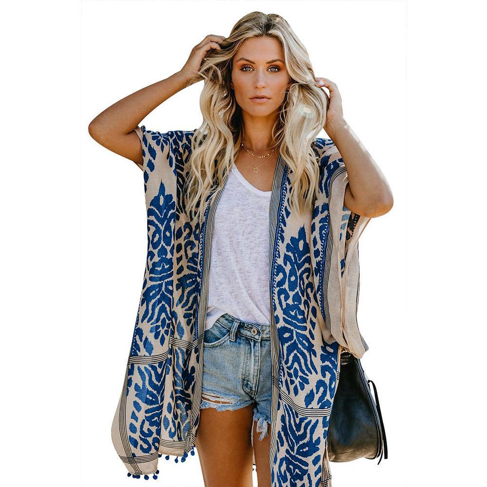Kimono Cardigan For Women Lightweight Airy Patterned Boho With Fringed Hem Street Wave