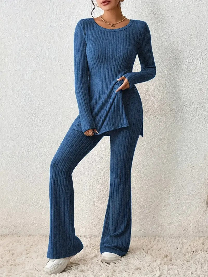 Street-Wave Women Ribbed Knit Lounge Set With Long Sleeves And Flared Pants Cozy Homewear