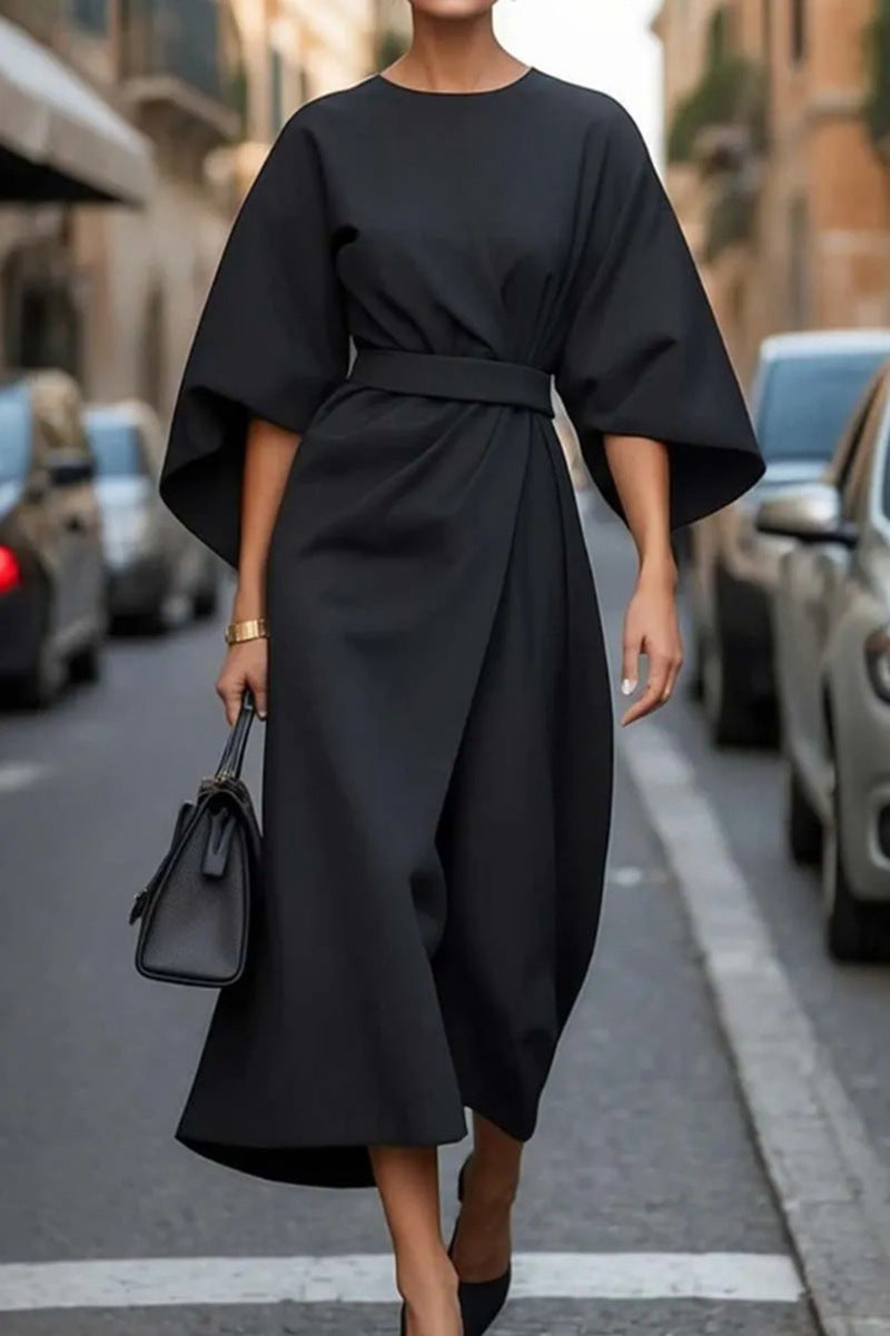 Street Wave Womens Maxi Dress With Voluminous Sleeves Belted Silhouette Luxurious Fabric For Elegant Events