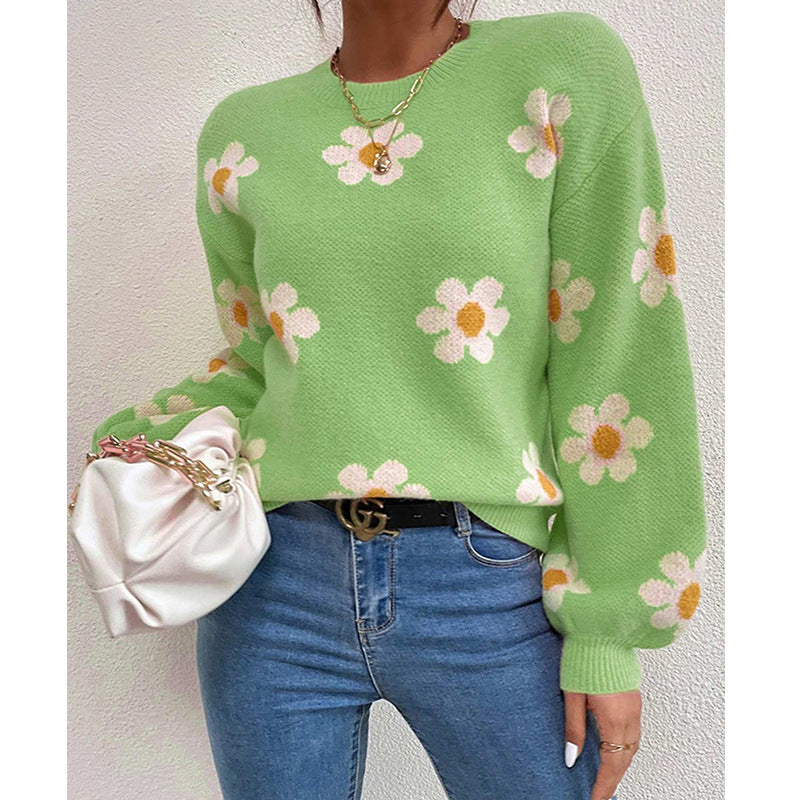 Street-Wave Floral Daisy Sweater For Women With Soft Cotton Knit And Voluminous Sleeves