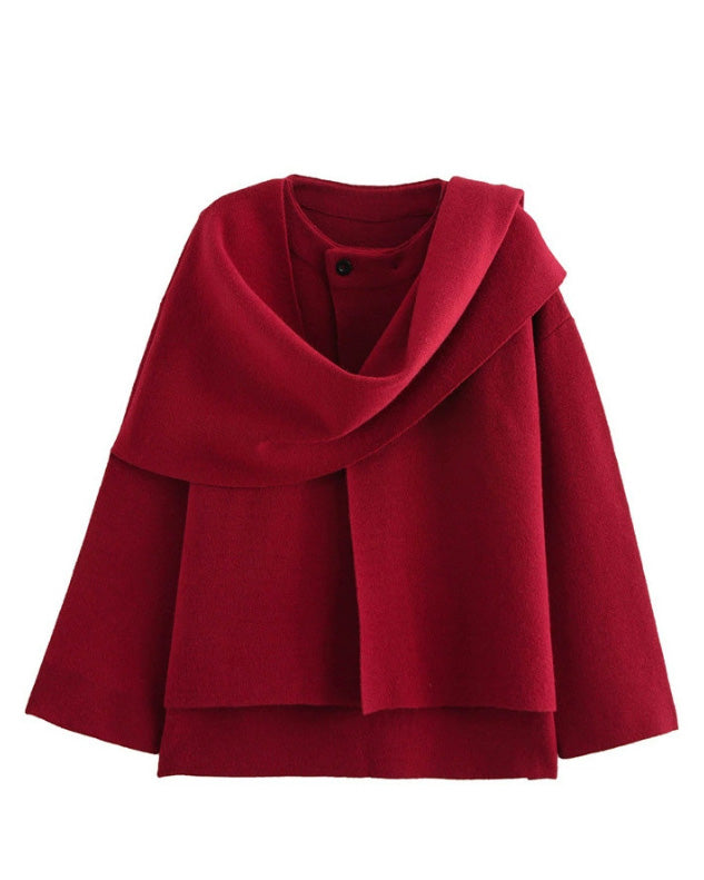 Street-wave Boulevard Asymmetrical Knit Jacket With Scarf Detail For Modern Women With Elegant Silhouette