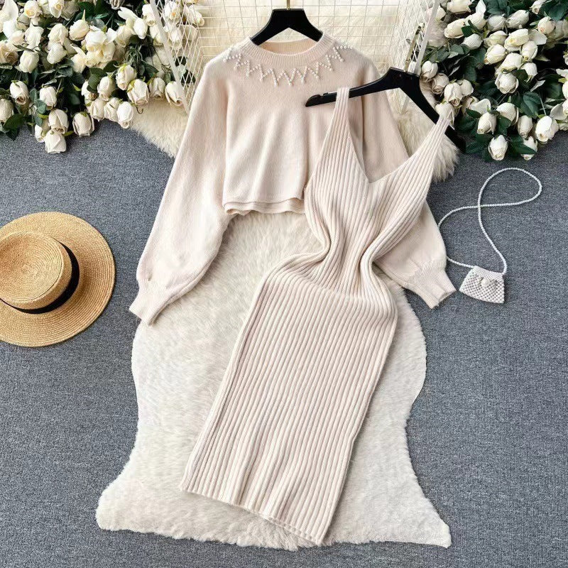 Street-Wave Women Knit Dress Set Featuring Refined Rib Texture And Chic Crop Sweater For Elegant Everyday Look