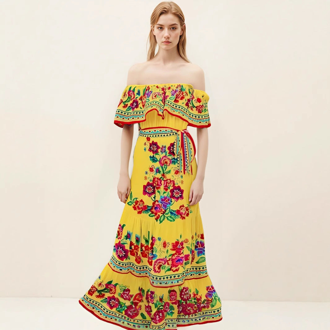 Street-Wave Floral Off Shoulder Maxi Dress With Ruched Bodice For Women