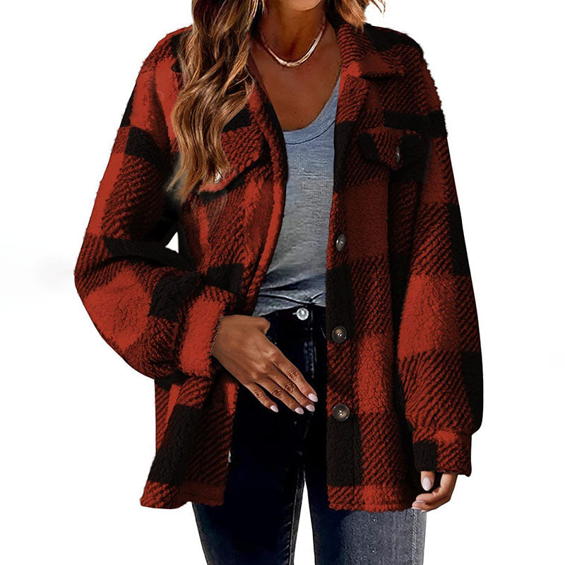 Street-wave Cozy Pink Plaid Coat For Women All Season Warmth With Button Front And Soft Cotton Poly