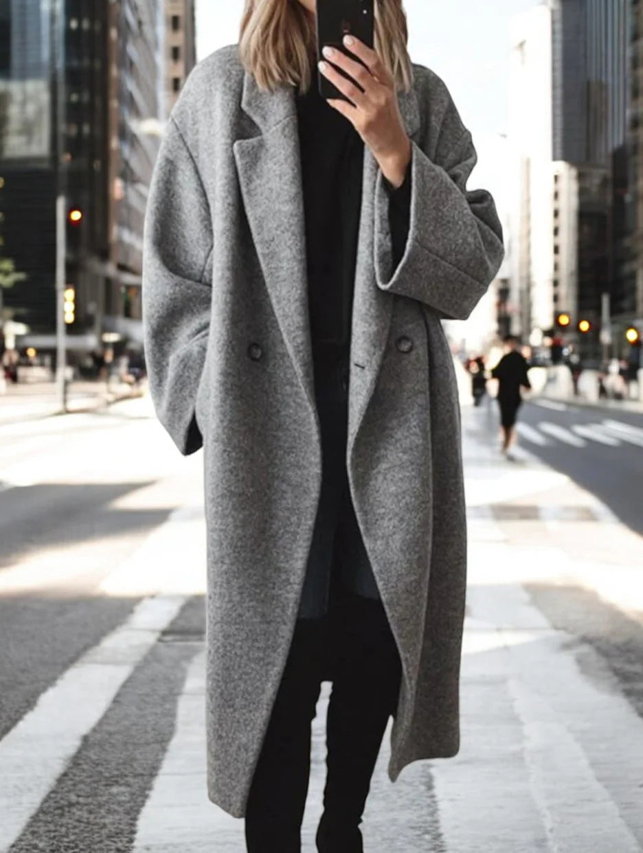 Street-Wave Oversized Wool Coat For Women With Double Button Design And Relaxed Fit Warmth