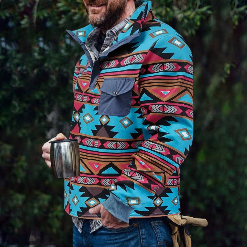 Men's Fleece Pullover Jacket With Colorful Geometric Print And Chest Pocket By Street Wave For Outdoor Enthusiasts