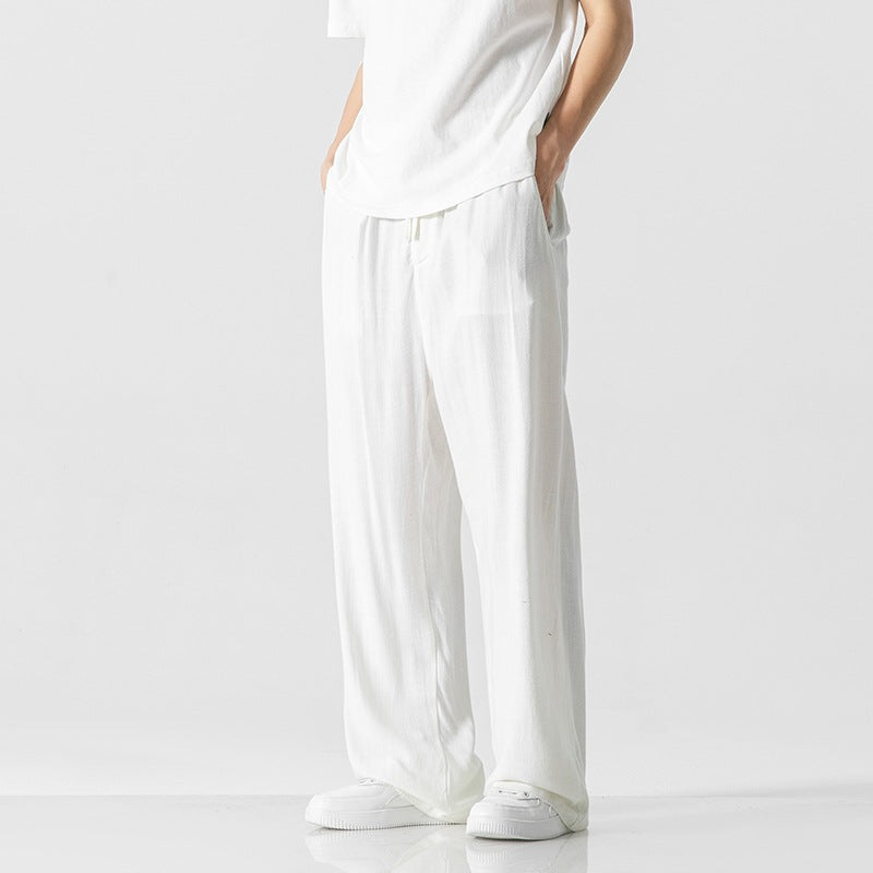 Men's Linen Blend Trousers With Drawstring Waist For Everyday Casual Wear Loose Fit Full Length