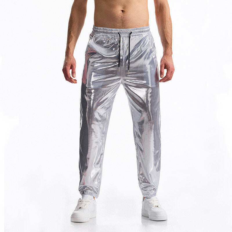 Street-wave Men's Shiny Metallic Joggers With Elastic Waistband For Sport And Streetwear