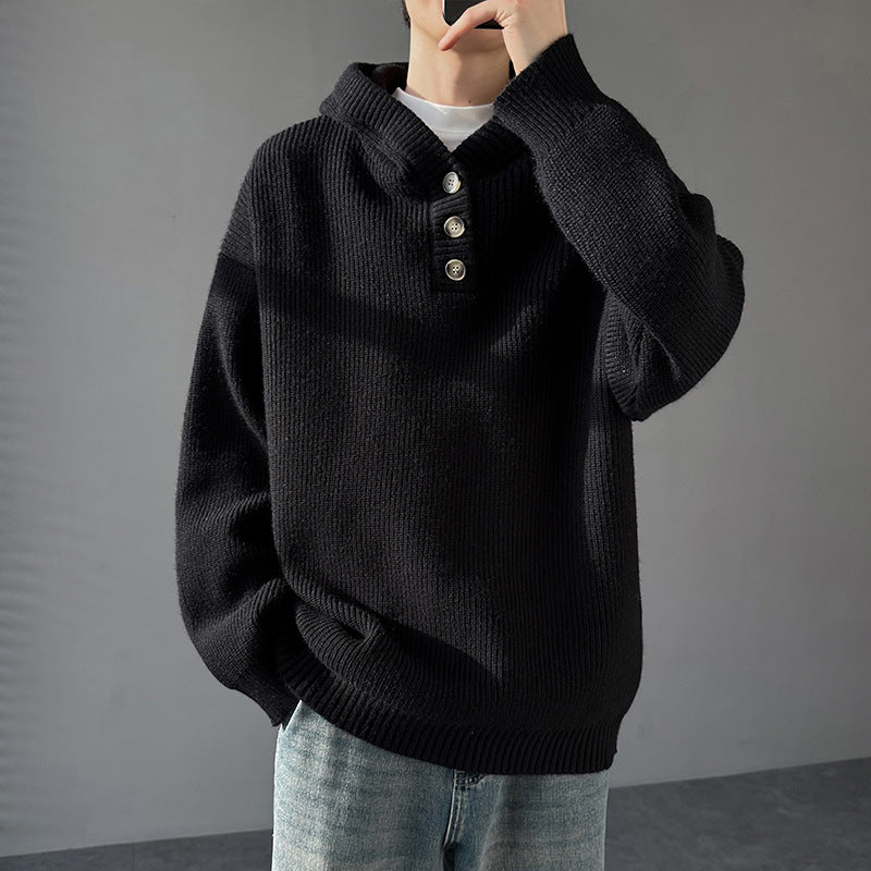 Street Wave Mens Knit Pullover With Button Placket And Hood For Casual Everyday Style Comfort And Cozy