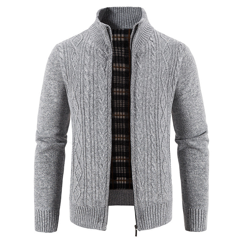 Street-wave Men's Knit Cardigan With High Collar And Textured Pattern For Smart Casual Wear