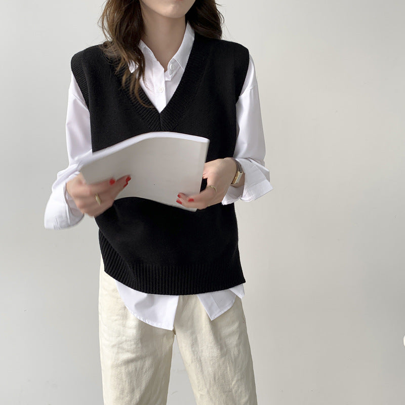 Street-wave Womens Chic Sleeveless Knit Vest With V Neck And Ribbed Details Soft Cotton Blend
