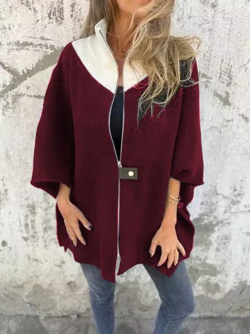 Street-Wave Batwing Sleeve Jacket Zip Front Stand Collar Relaxed Fit For Women Fashionable Everyday Wear