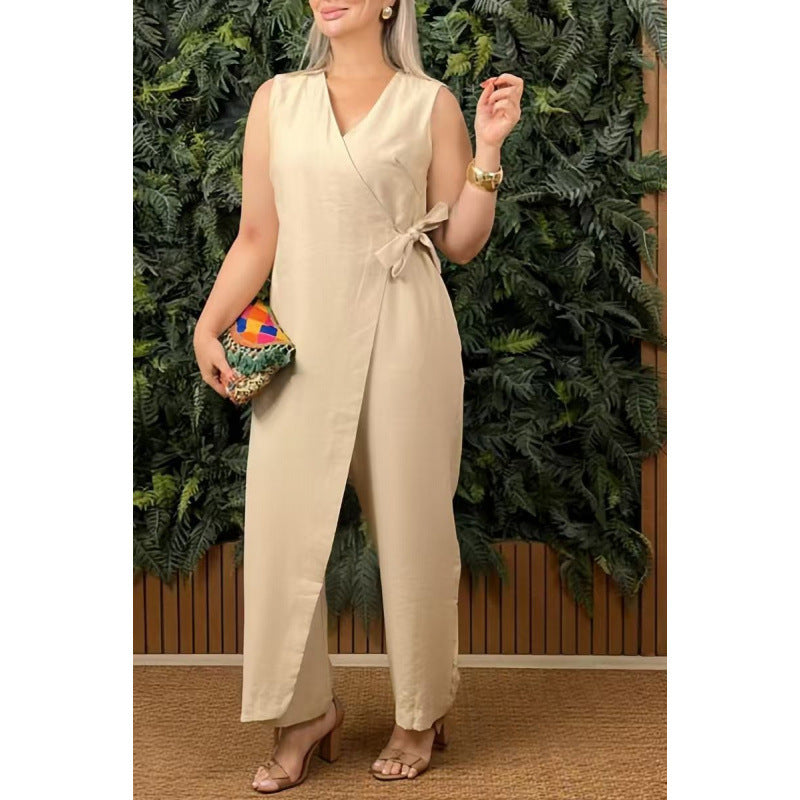 Street-Wave Women Jumpsuit V-Neck Wrap Sleeveless Wide Leg
