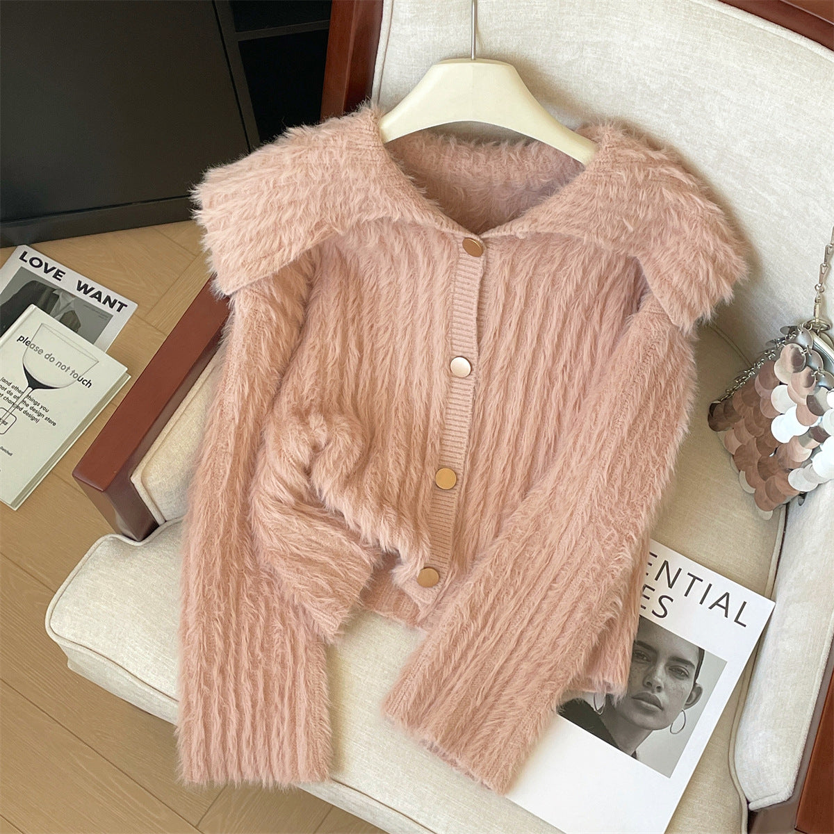 Fluffy Knit Cardigan For Women Street Wave Cozy Plush Texture With Wide Collar Button Placket