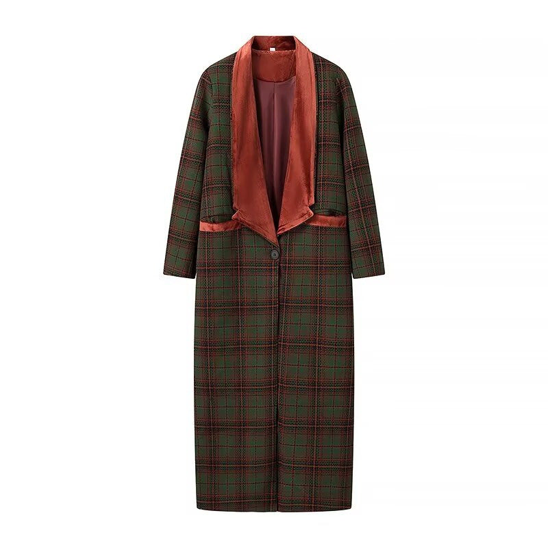 Street Wave Women's Long Plaid Coat With Satin Lapel For Fashionable Women Elegant Winter Outerwear