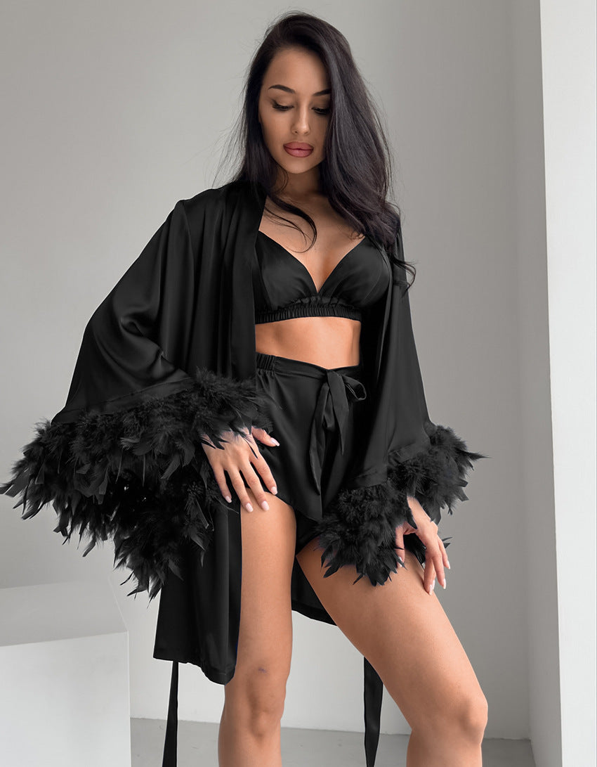 Street Wave Satin Kimono With Feather Trim For Women Luxurious Loungewear And Glam Nightwear