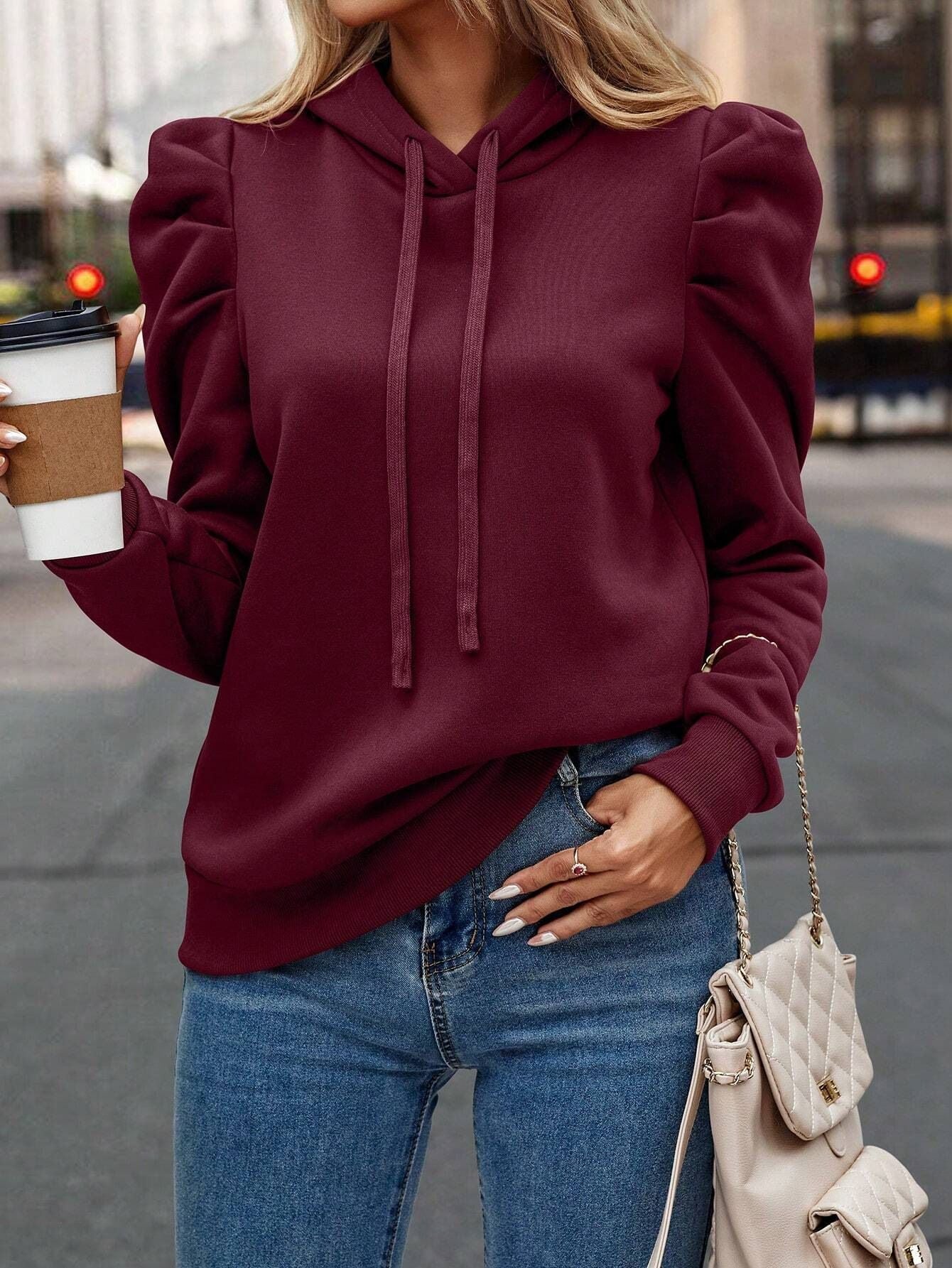 Street-Wave Women's Puff Sleeve Hoodie, Casual Comfort For Everyday City Style, Trendy