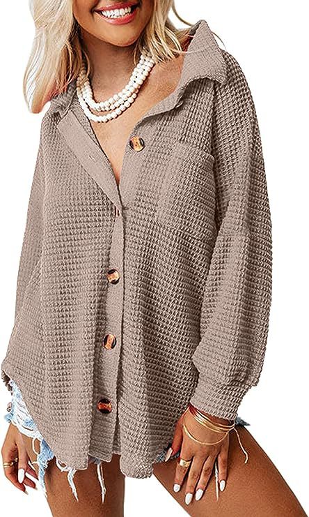 Street Wave Waffle Knit Shirt Jacket Women Oversized Casual Button Front Cozy Chic Everyday Layering