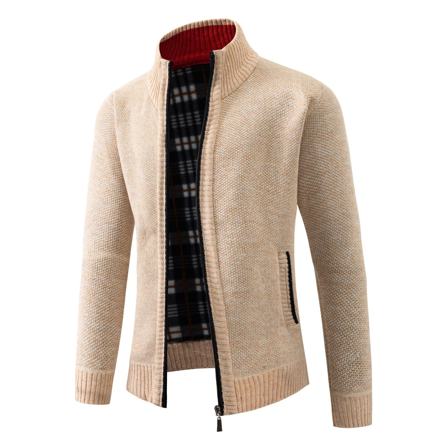 Street Wave Mens Knit Cardigan With Modern Stand Collar And Soft Inner Plaid Lining For Everyday Style