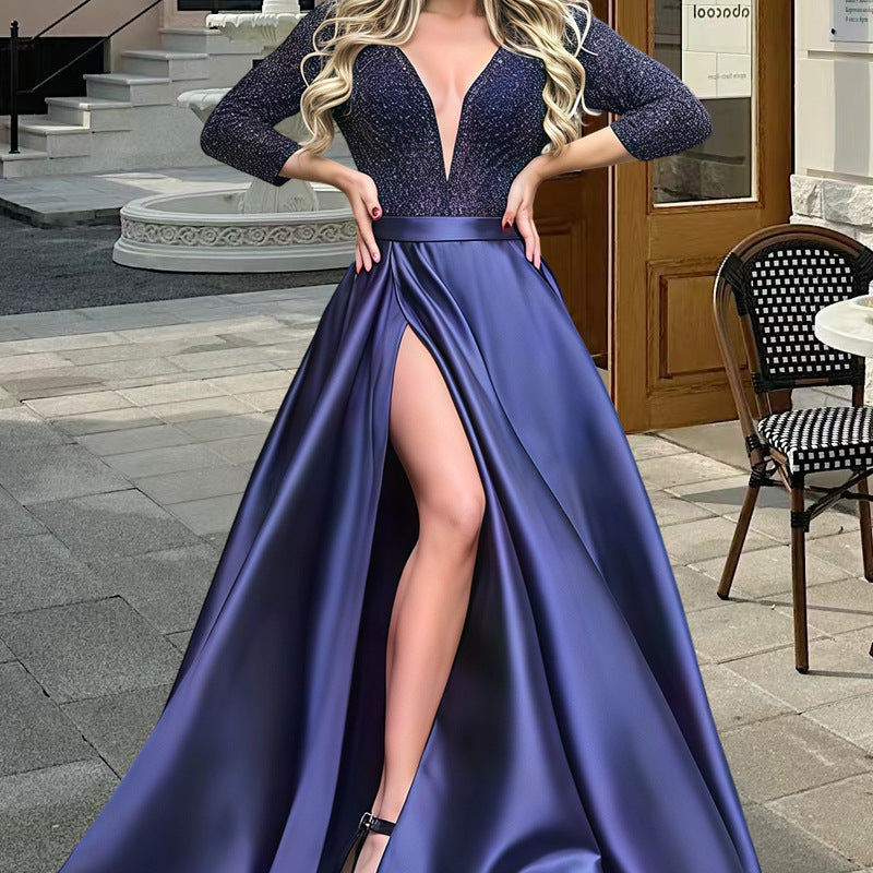 Street-wave Women's Glamorous Evening Dress With Deep V-Neck And Side Slit A-Line Gown