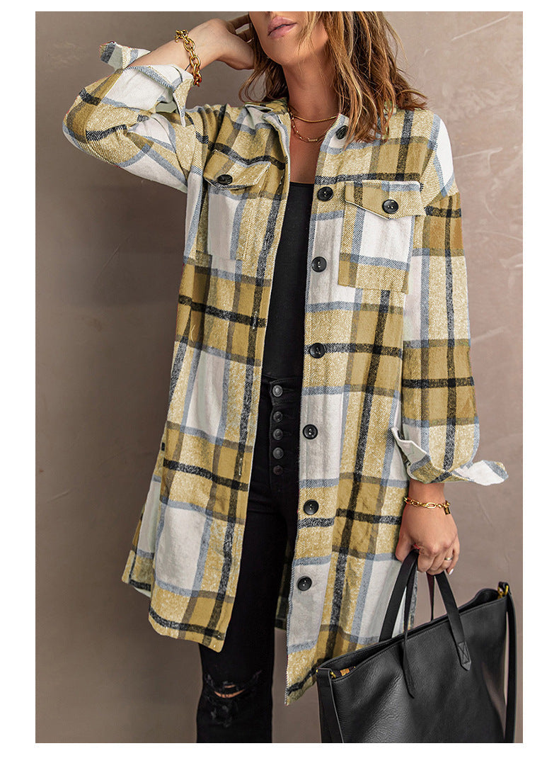 Street-Wave Plaid Tweed Coat For Women Longline Wool Blend Jacket With Pockets And Button Front