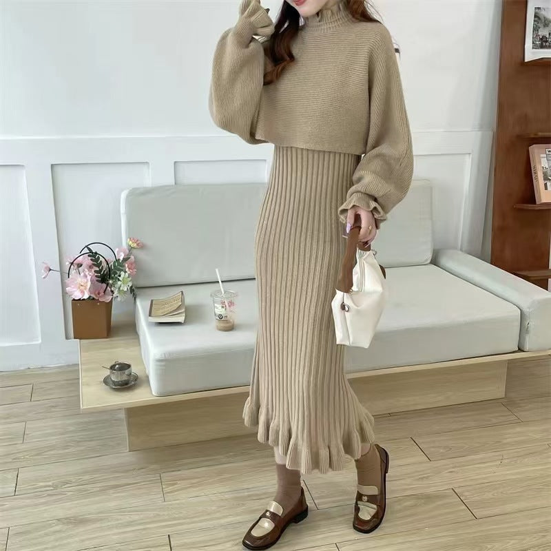 Street Wave Women's Knit Dress With High Neck And Ribbed Texture Cozy Elegant Silhouette