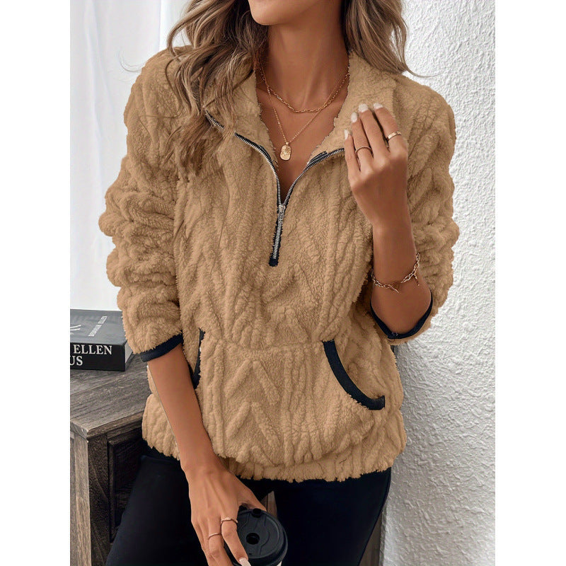 Street-Wave Womens Teddy Fleece Pullover With Half Zip And High Collar For Cozy Comfort