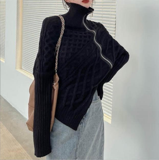 Street Wave Womens High Collar Knit Sweater with Asymmetrical Design for Cozy Everyday Style