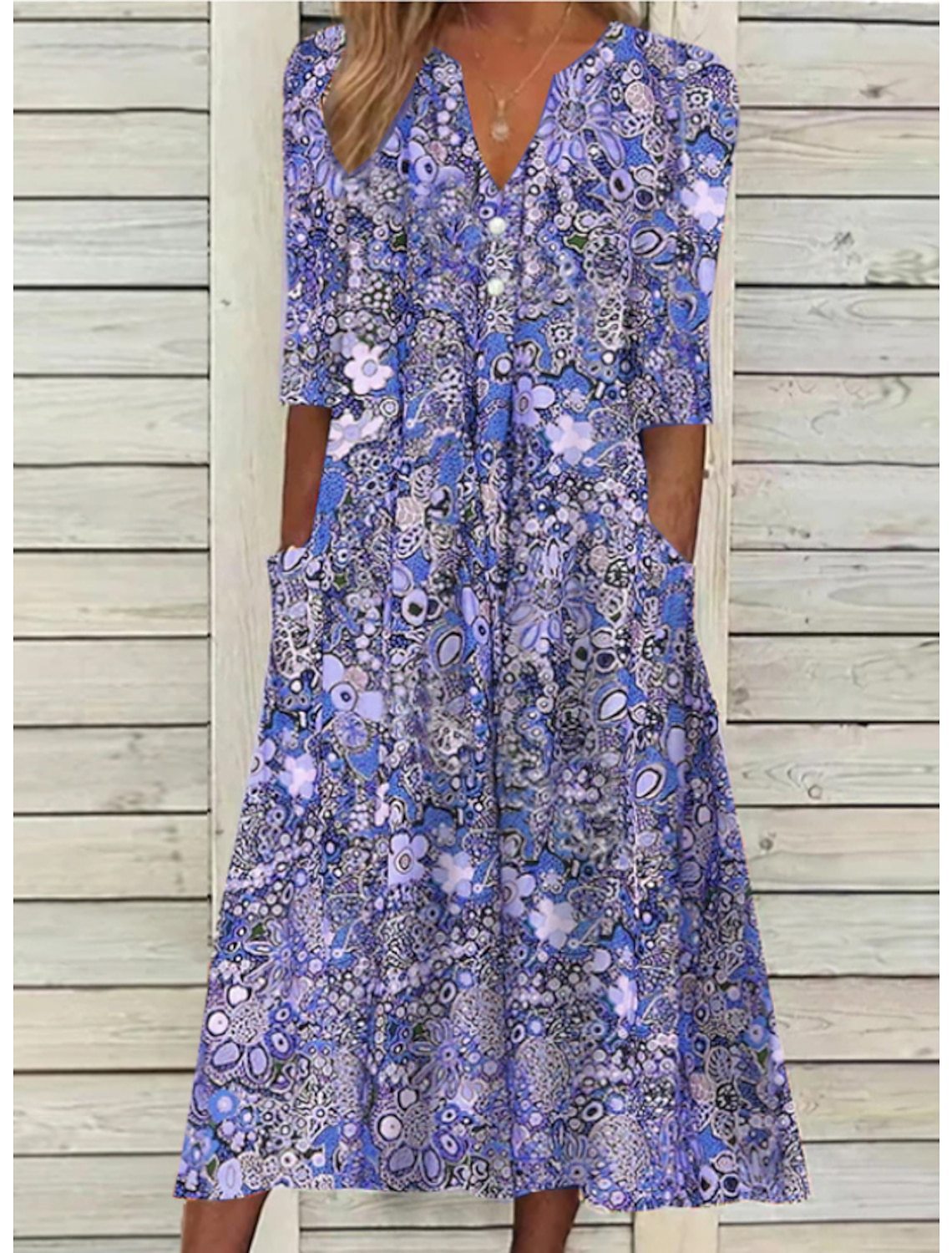 Street-Wave Floral Midi Dress With Pockets For Women V Neck Button Front Lightweight Boho Chic