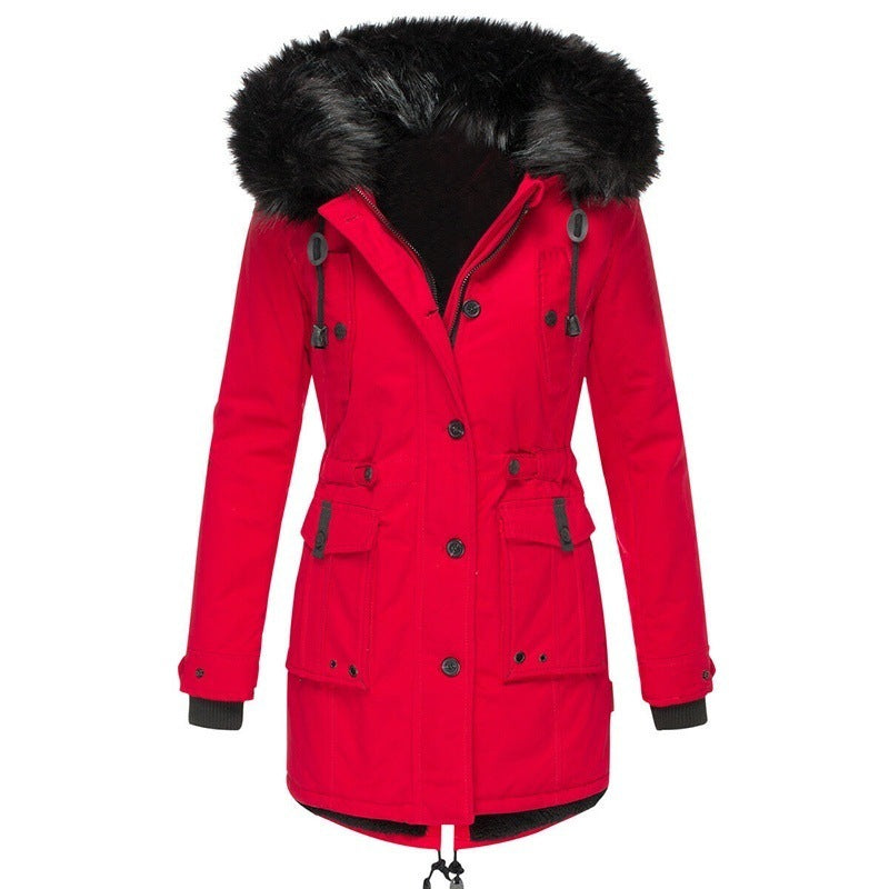 Street-Wave Long Winter Coat For Women With Fur Trim Hood And Button Closure For Cold Weather
