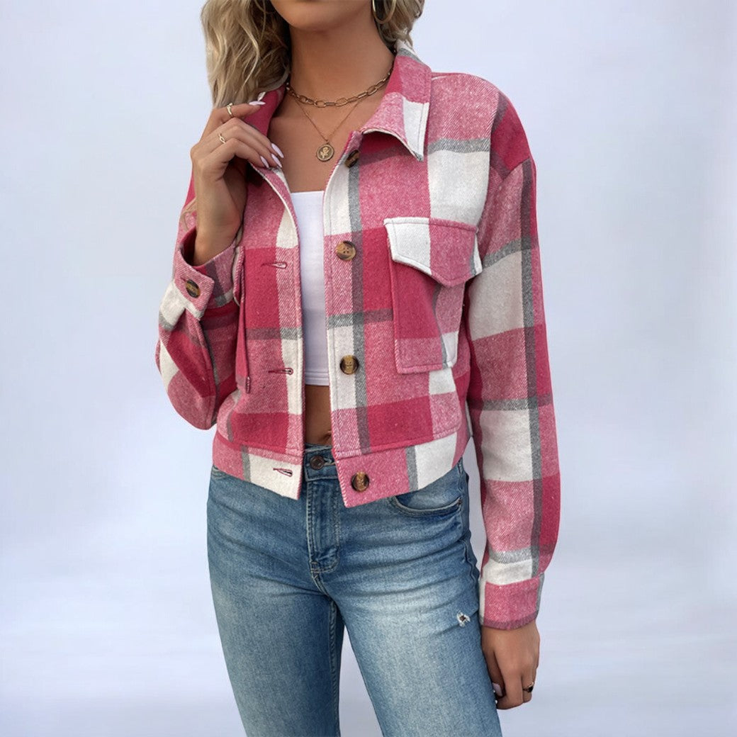 Street-wave Plaid Jacket For Women Cozy Durable Shacket With Button Front And Pocket Detail