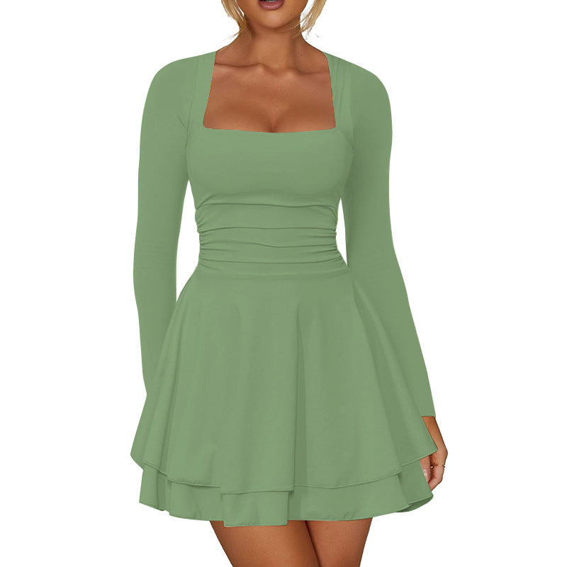 Street-wave Women's Long Sleeve Mini Dress With Ruffled Hem And Square Neck For Elegant Evenings