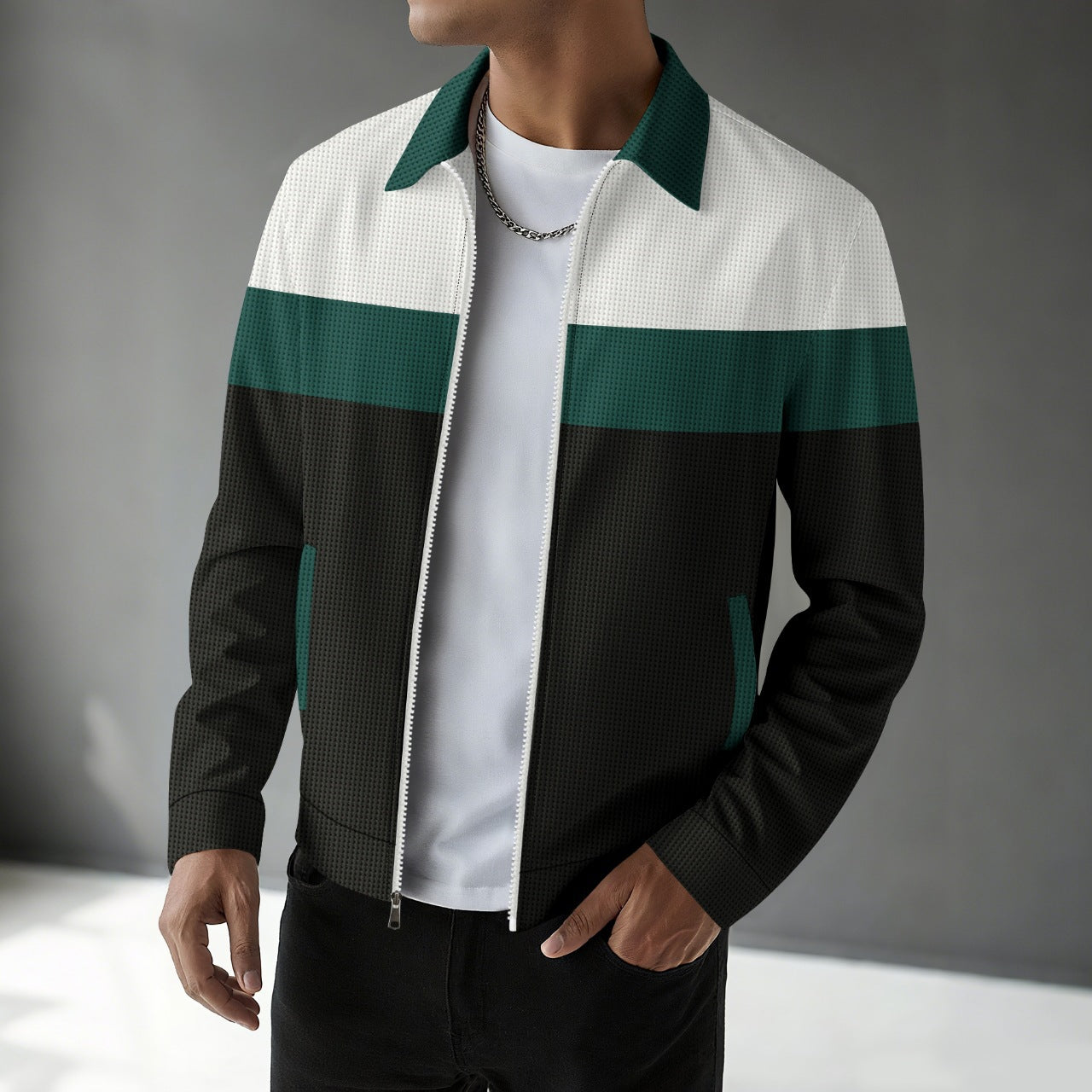Men's Street-wave Bomber Jacket With Textured Fabric And Color Block Contrast For Modern Men