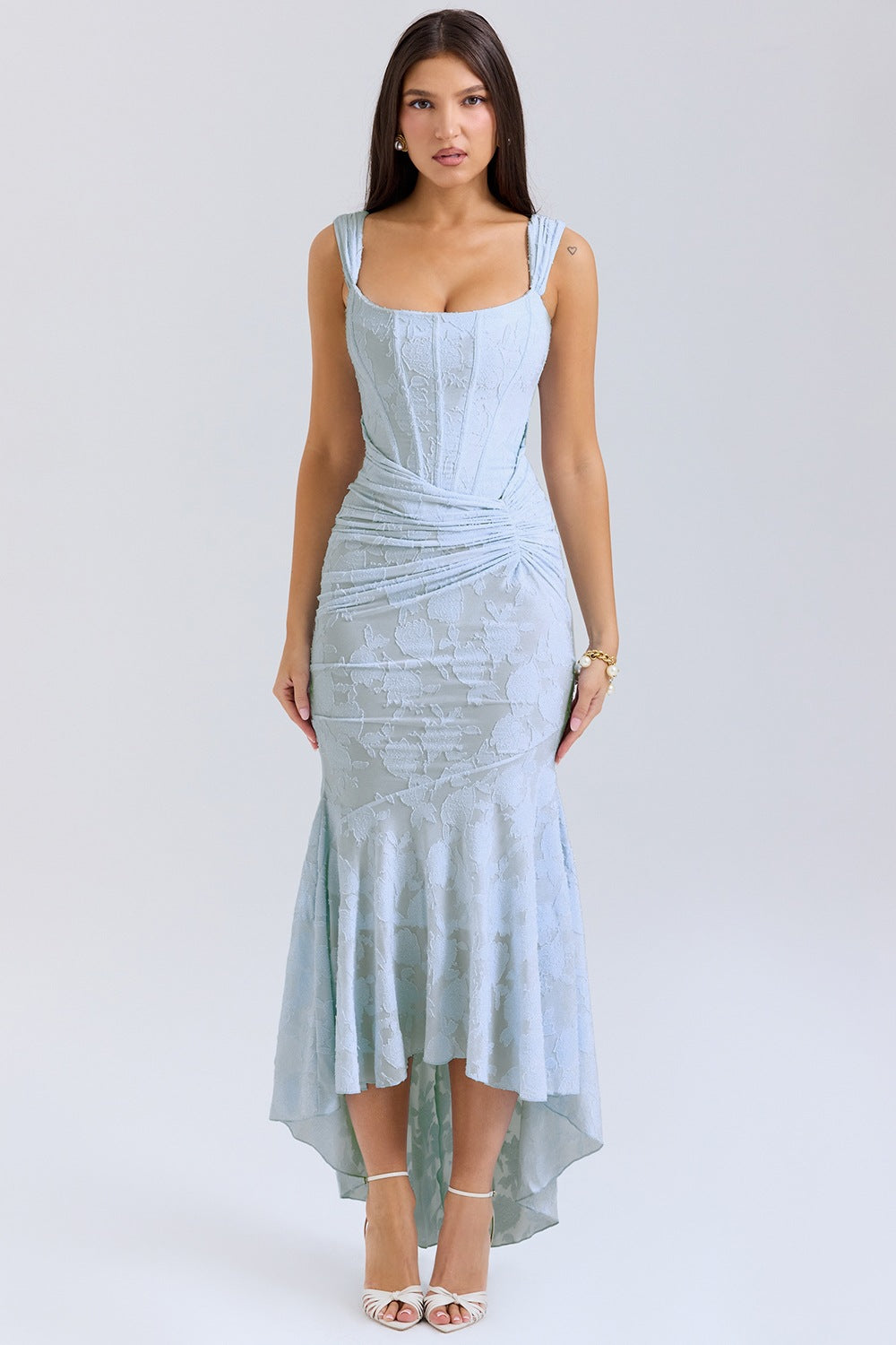 Dress for women – Evening dress in mermaid cut – Satin look – One shoulder – Ruched waist