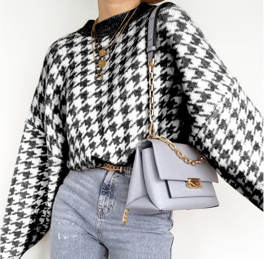 Street-Wave Women Plaid Knit Sweater Cozy Soft Knit For Everyday Chic Relaxed Oversized Fit