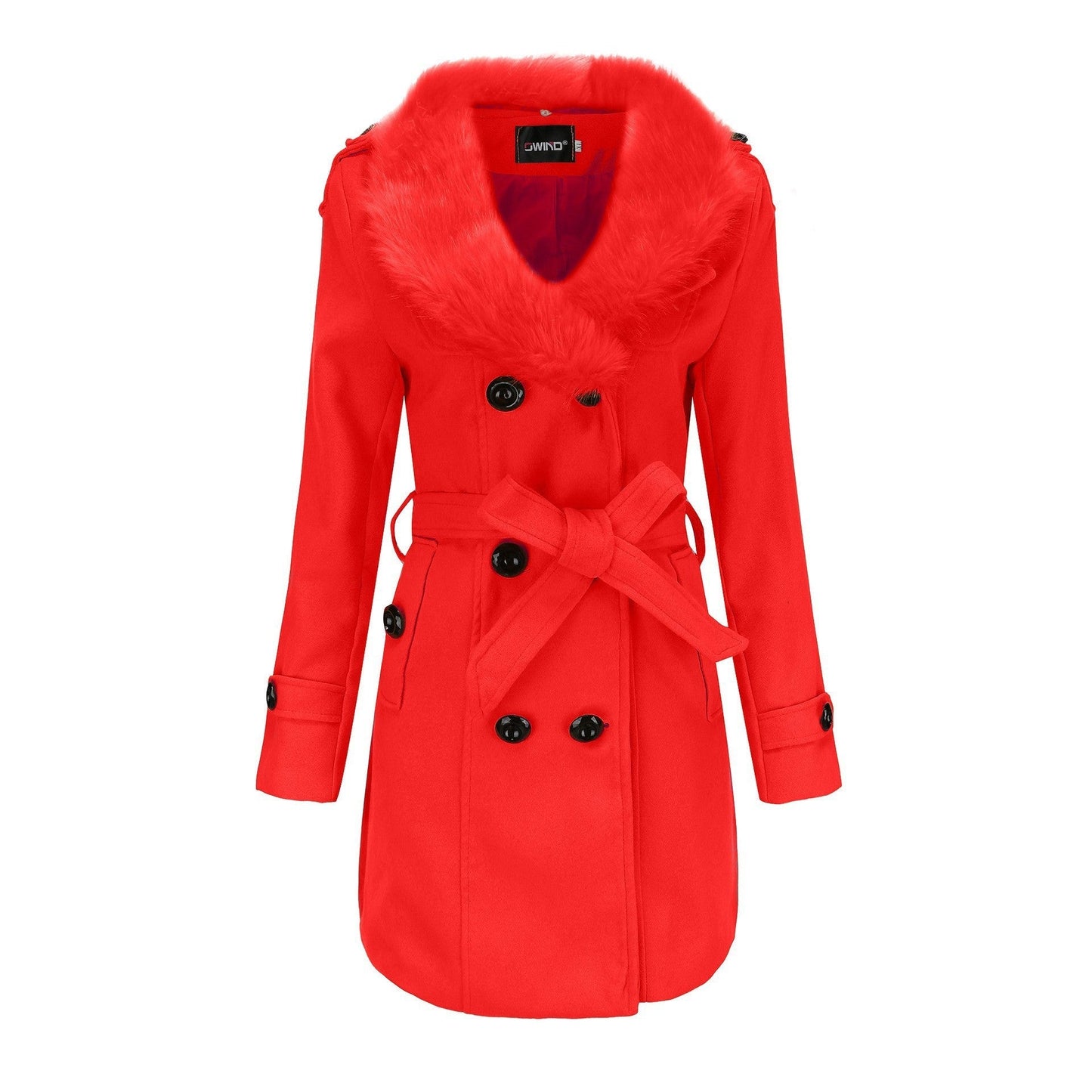 Street-wave Women's Elegant Transitional Coat With Removable Faux Fur Collar Belted Double-Breasted Warm