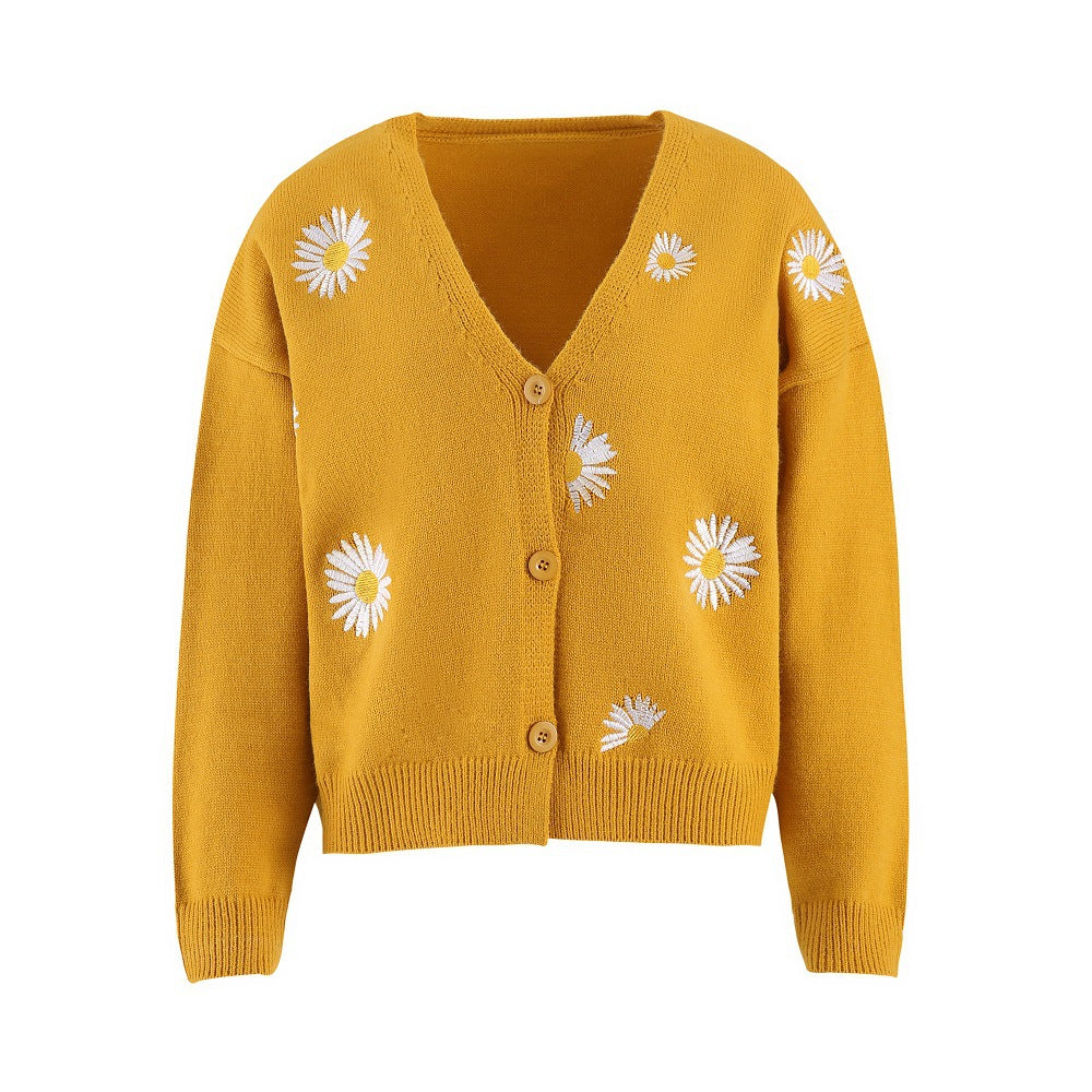 Floral Embroidered V Neck Cardigan For Women Cozy Cotton Street-wave Versatile Everyday Wear