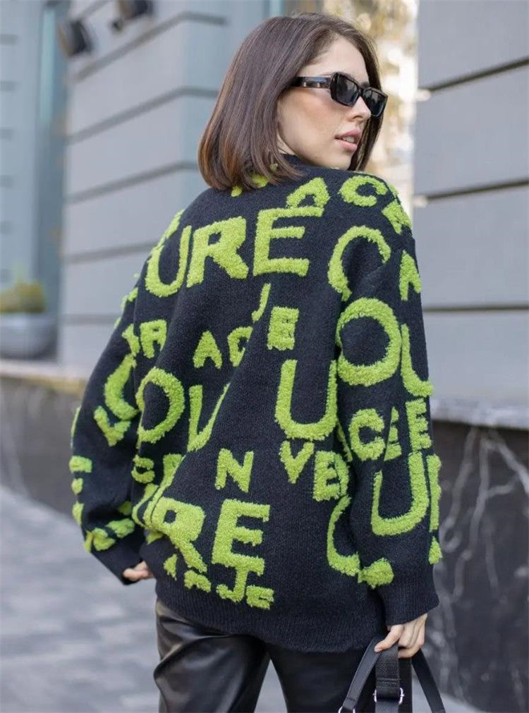 Street-wave Womens Oversized Knit Sweater With Bold Lettering For Casual Chic Comfort