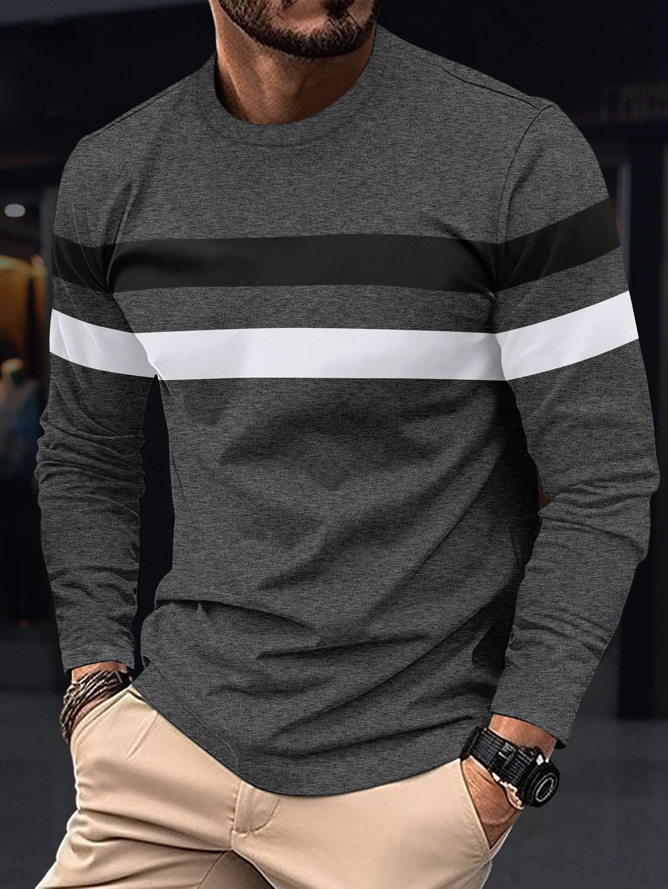 Street-wave Men's Long Sleeve Shirt With Sport Stripe Design, Breathable Comfort, Trendy Urban Wear