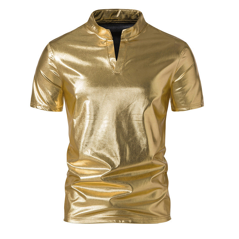 Street-Wave Mens Shiny Asian-Style Short Sleeve Shirt With Glossy Metallic Finish For Bold Urban Streetwear
