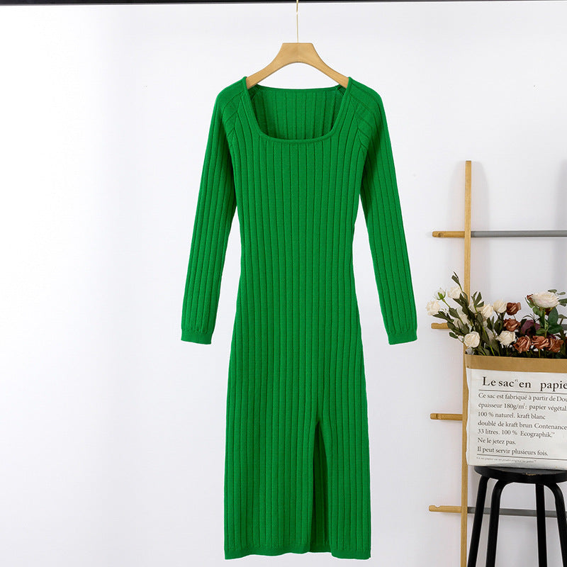 Women Knit Dress With Square Neckline And Ribbed Texture Long Sleeve From Street Wave Cozy All Day Wear