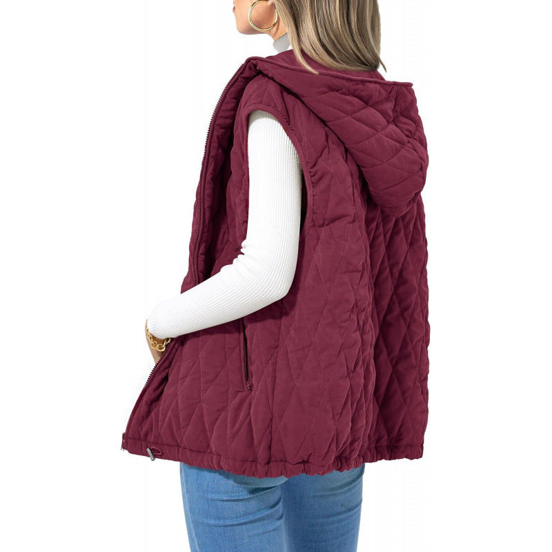 Street-Wave Women Quilted Hooded Vest With Side Zip Pockets Cozy Versatile Outerwear