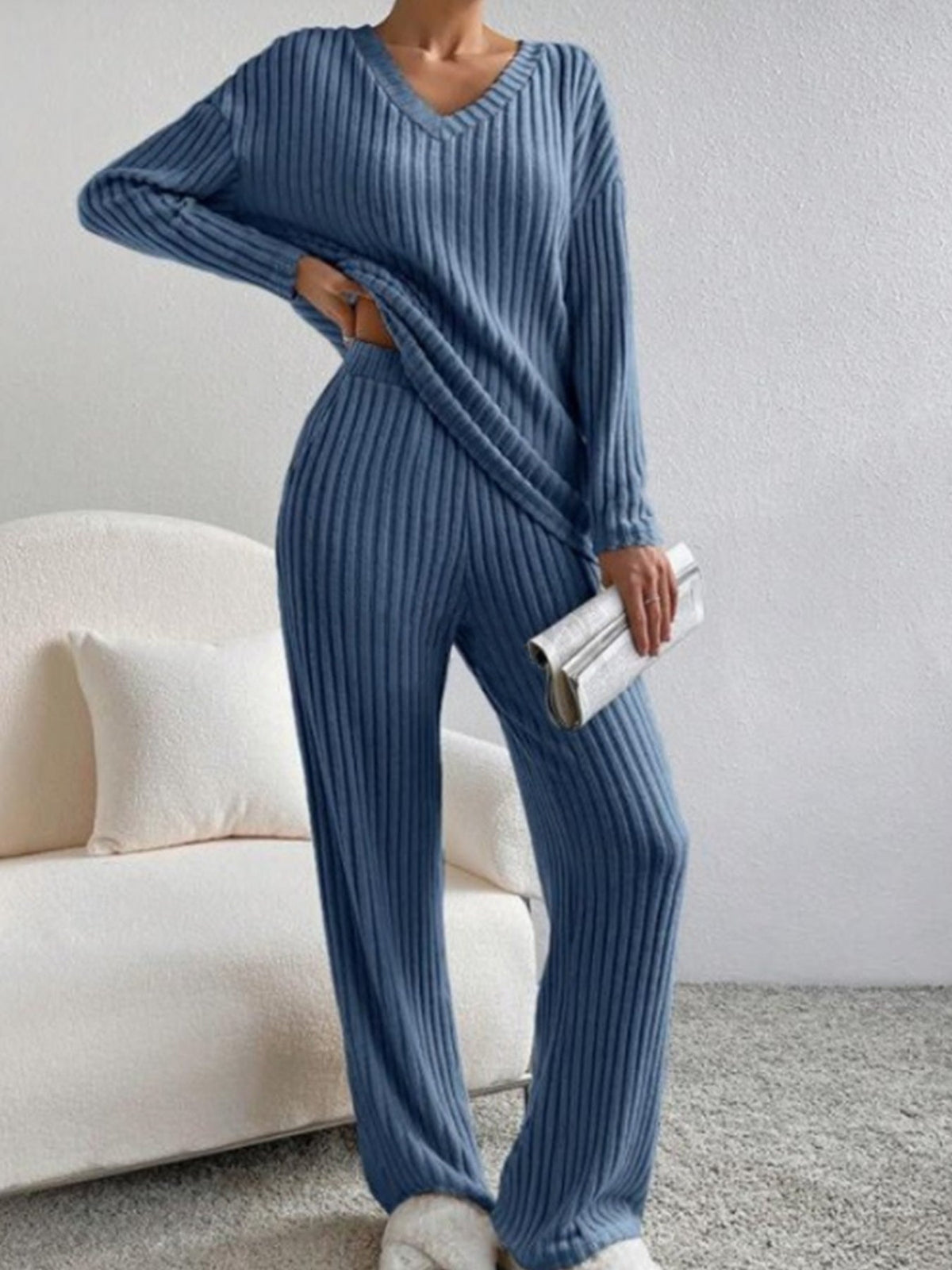 Street-Wave Womens Ribbed Lounge Set Ultra Cozy 2-Piece With Oversized Top And Pants