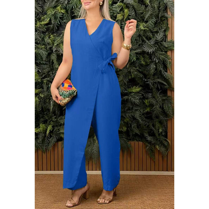 Street-Wave Women Jumpsuit V-Neck Wrap Sleeveless Wide Leg